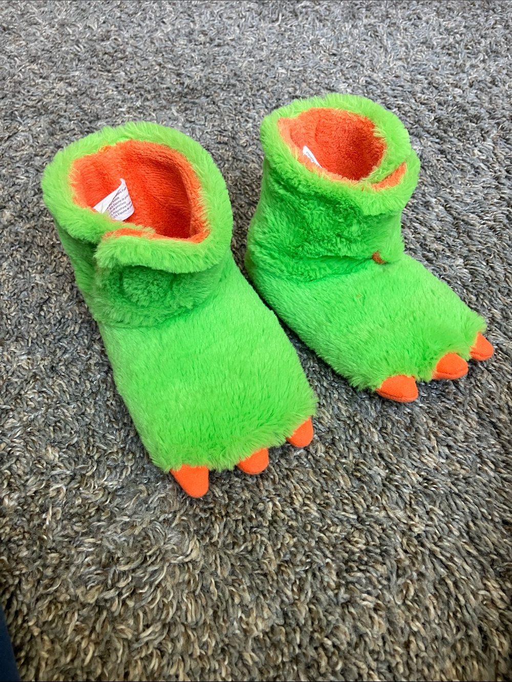 Kids Plush Monster Bootie Slippers - Bright lime Green with Orange Accents
